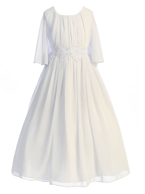 Kids Dream Big Girls White Chiffon Butterfly Sleeve Communion Dress 6-16 - SophiasStyle.com